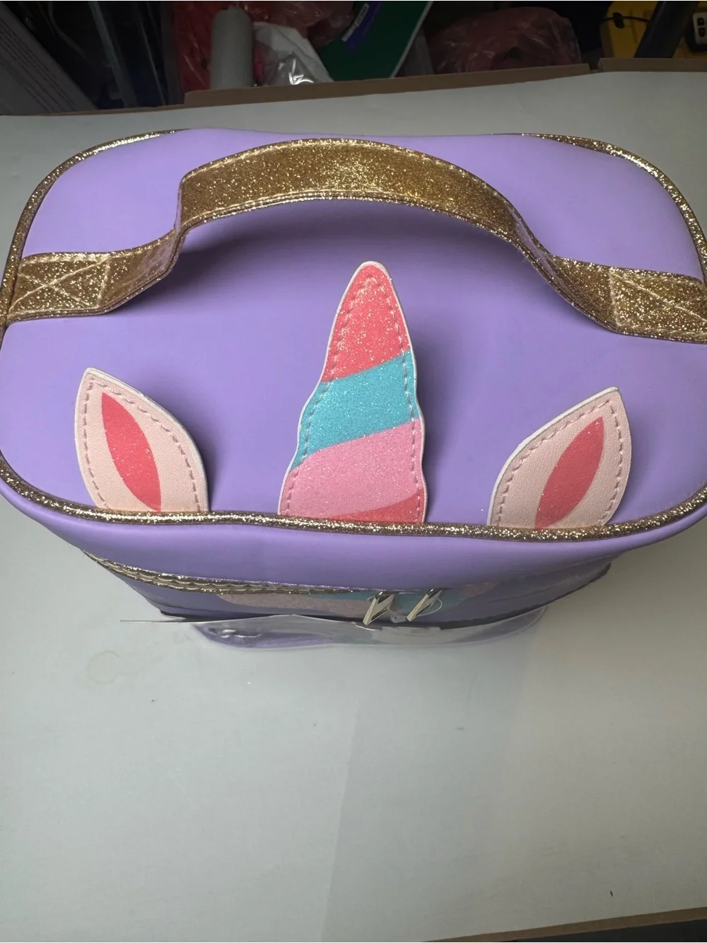 FAO Schwarz Mythical Unicorn Cosmetic Bag in Lavender with Gold Accents